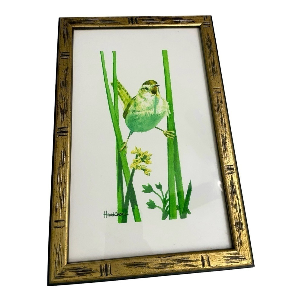 Water color print of North American Song Bird Marsh Wren in bamboo like frame